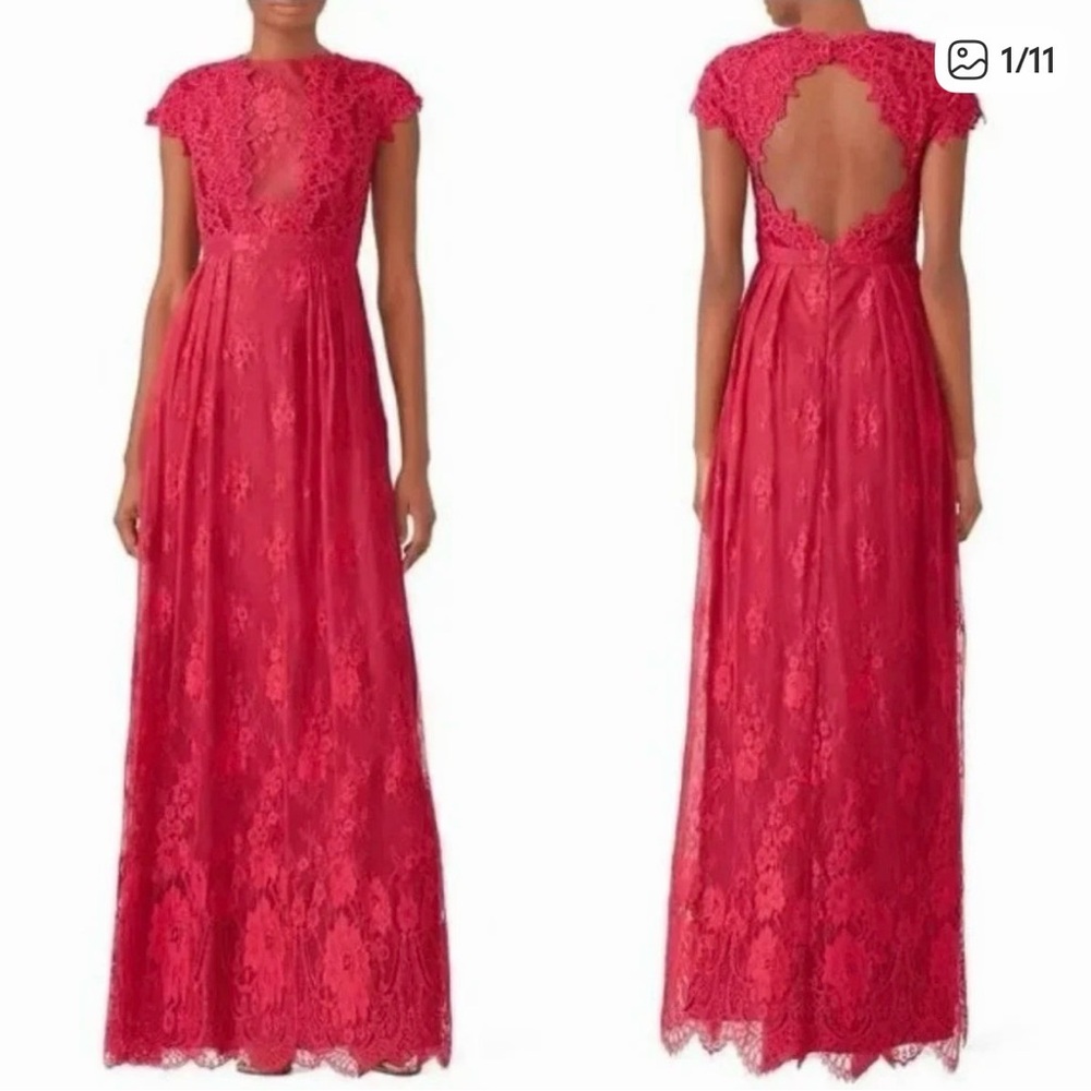 Monique Lhuillier Deep Red Pink Berry Floral Lace Formal Gown $495